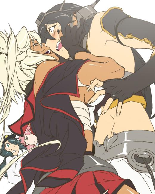 10s, 4girls, akashi_(kancolle), artist_request, black_hair, blonde_hair, blush, breasts, dark-skinned_female, dark_skin, elbow_gloves, female_admiral_(kancolle), glasses, gloves, headgear, ikeshita_moyuko, kantai_collection, long_hair, midriff, military, military_uniform, multiple_girls, musashi_(kancolle), nagato_(kancolle), navel, pink_hair, sarashi, shiomi_kaoru, short_hair, skirt, twintails, two_side_up, yuri