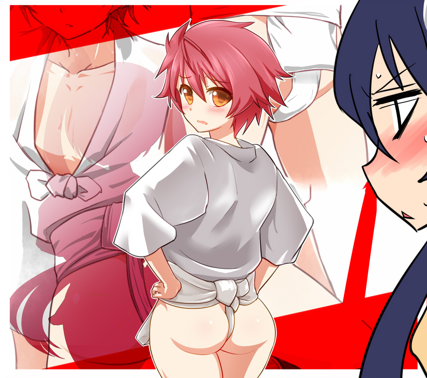 1boy, 1girl, :<, ass, blood, blush, embarrassed, from_behind, fundoshi, hands_on_own_hips, japanese_clothes, looking_back, mitsuka_souji, mizu_happi, nosebleed, ore_twintail_ni_narimasu, profile, red_hair, short_hair, sumigo, sweat, tailred, tango_(tn500), tsube_aika, yellow_eyes