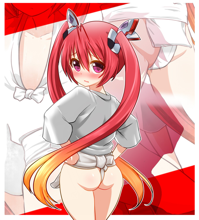 1girl, artist_request, ass, blush, female_focus, fundoshi, genderswap, genderswap_(mtf), gradient_hair, japanese_clothes, long_hair, mitsuka_souji, mizu_happi, multicolored_hair, ore_twintail_ni_narimasu, red_eyes, red_hair, solo, sumigo, tailred, tango_(tn500), twintails, very_long_hair