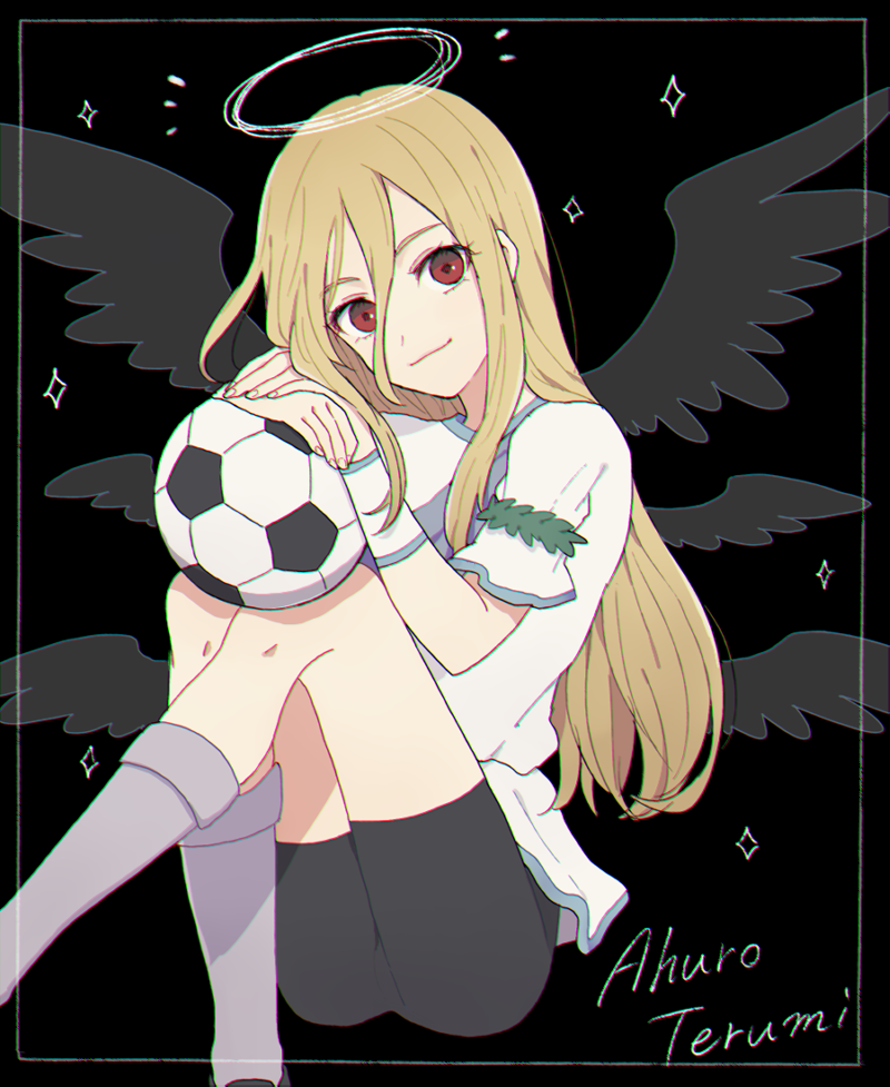 1boy, afuro_terumi, bad_id, bad_pixiv_id, ball, bike_shorts, blonde_hair, character_name, chromatic_aberration, halo, inazuma_eleven, inazuma_eleven_(series), long_hair, male_focus, pikara, red_eyes, smile, soccer_ball, soccer_uniform, solo, sparkle, sportswear, telstar, trap, very_long_hair, wings