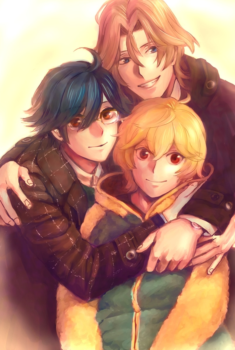 10s, 3boys, ahoge, binan_koukou_chikyuu_bouei-bu_love!, blonde_hair, blue_eyes, blue_hair, brown_eyes