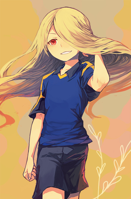 1boy, androgynous, arakumo_gakuen_soccer_uniform, bad_id, bad_pixiv_id, blonde_hair, grin, hair_over_one_eye, hinano_kinsuke, inazuma_eleven, inazuma_eleven_(series), inazuma_eleven_go, long_hair, male_focus, parted_lips, red_eyes, smile, soccer_uniform, solo, sportswear, waka_charoku, walking