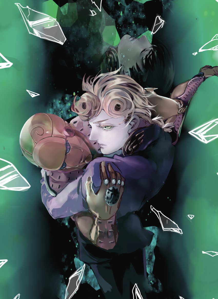 2boys, absurdres, blonde_hair, broken_glass, bug, giorno_giovanna, glass, gold_experience