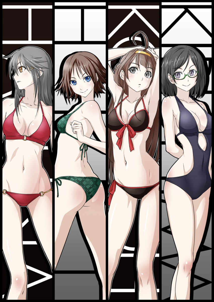 10s, 4girls, ahoge, armpits, arms_behind_back, arms_up, ass, bikini, black_bikini, black_eyes, black_hair, blue_eyes, breasts, brown_eyes, brown_hair, casual_one-piece_swimsuit, cleavage, column_lineup, double_bun, front-tie_top, glasses, green-framed_eyewear, green_bikini, hair_bun, hair_ornament, hairband, hairclip, haruna_(kancolle), hiei_(kancolle), highres, kantai_collection, kirishima_(kancolle), kongou_(kancolle), long_hair, looking_away, mujuuryoku_kantai, multiple_girls, navel, o-ring, o-ring_bikini, o-ring_bottom, one-piece_swimsuit, plaid_bikini, plaid_clothes, purple_eyes, red_bikini, short_hair, side-tie_bikini_bottom, single_hair_bun, smile, string_bikini, swimsuit, thighs