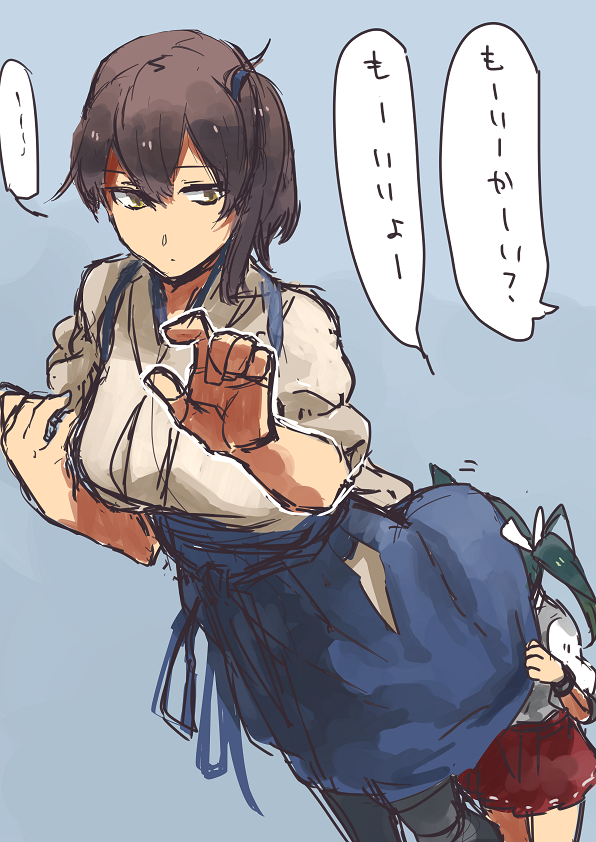 10s, 2girls, aged_down, bad_id, bad_pixiv_id, brown_hair, fukazaki_(g425hw45), hair_between_eyes, kaga_(kancolle), kantai_collection, multiple_girls, side_ponytail, skirt, translation_request, under_skirt, zakiza03, zuikaku_(kancolle)