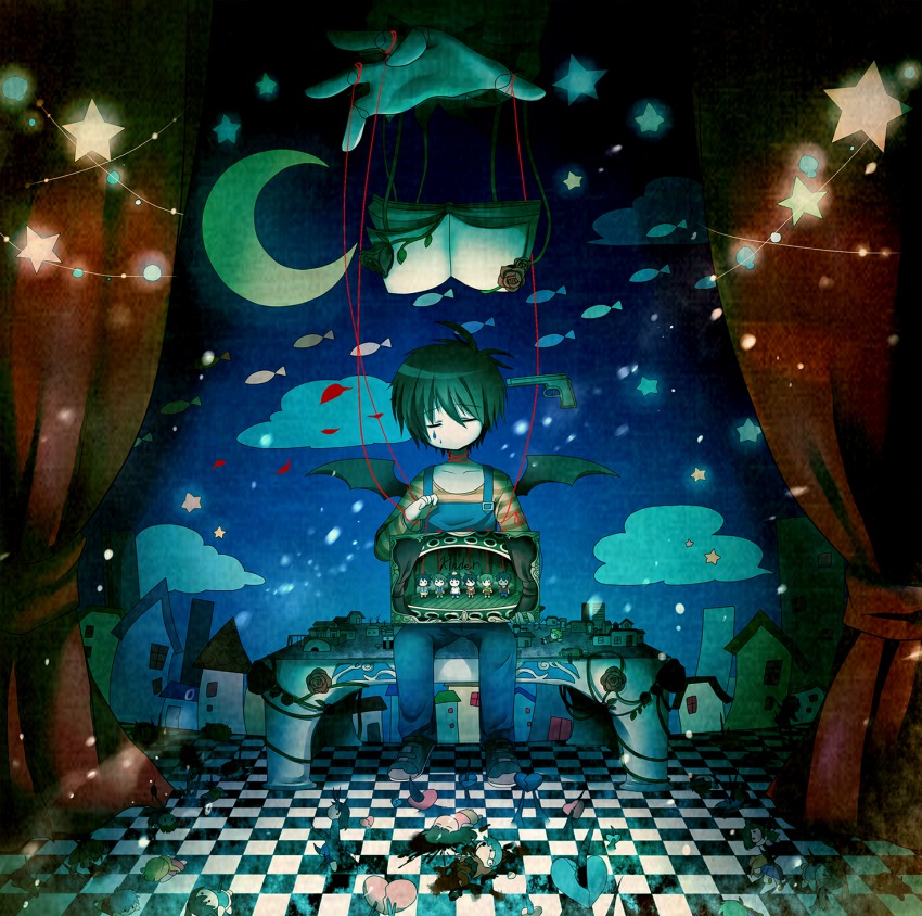 3girls, 4boys, aya_(re:kinder), book, brown_hair, checkered_floor, closed_eyes, crescent