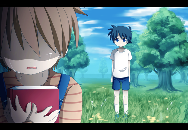 2boys, black_hair, blue_eyes, book, brown_hair, crying, fake_screenshot, forest