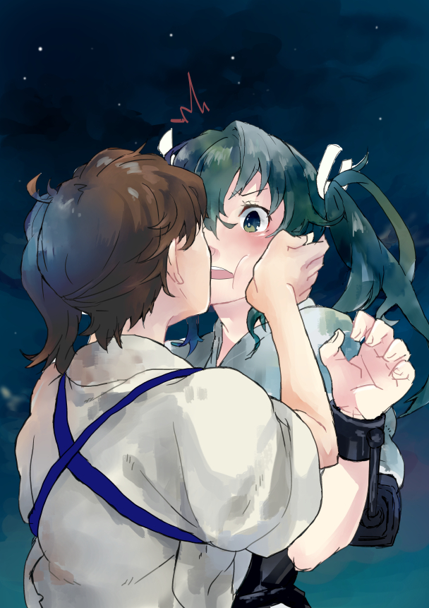 10s, 2girls, bad_id, bad_pixiv_id, blush, brown_hair, from_behind, fukazaki_(g425hw45)