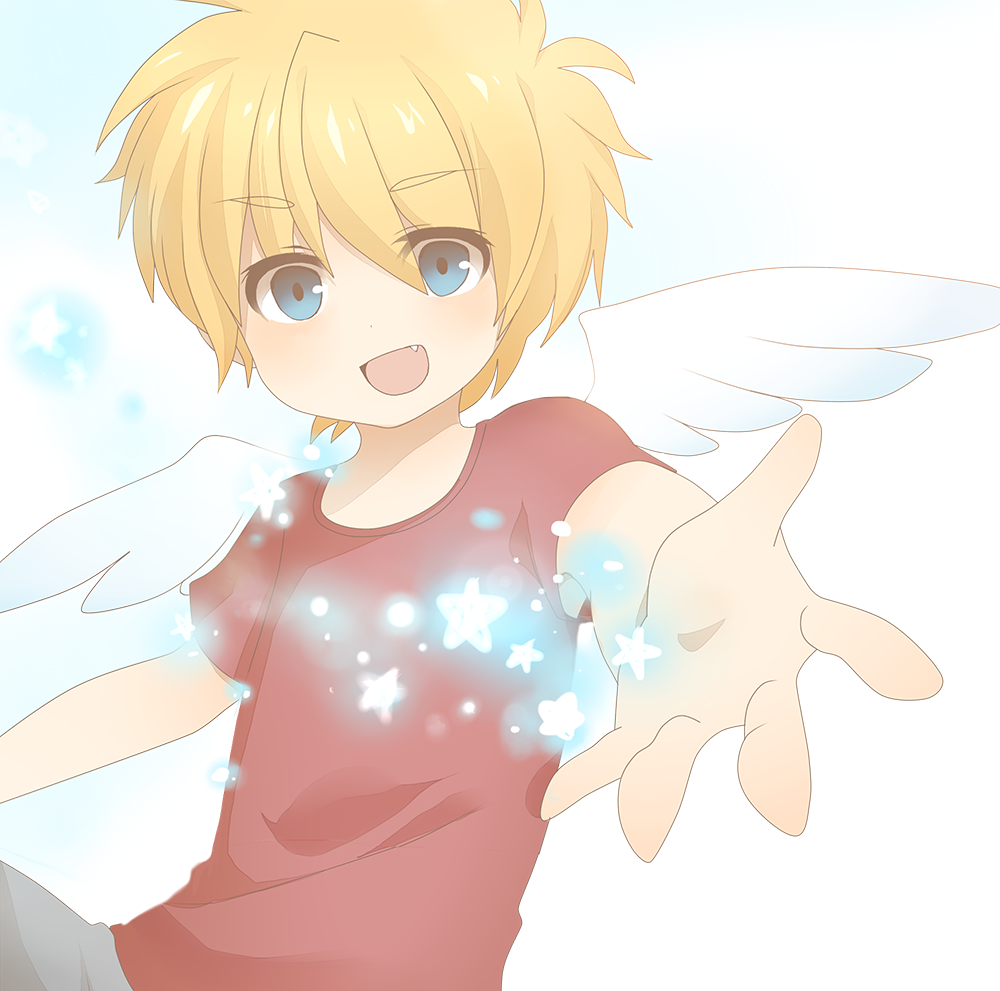1boy, angel_wings, fang, male_focus, open_mouth, outstretched_arm, re:kinder, red_shirt