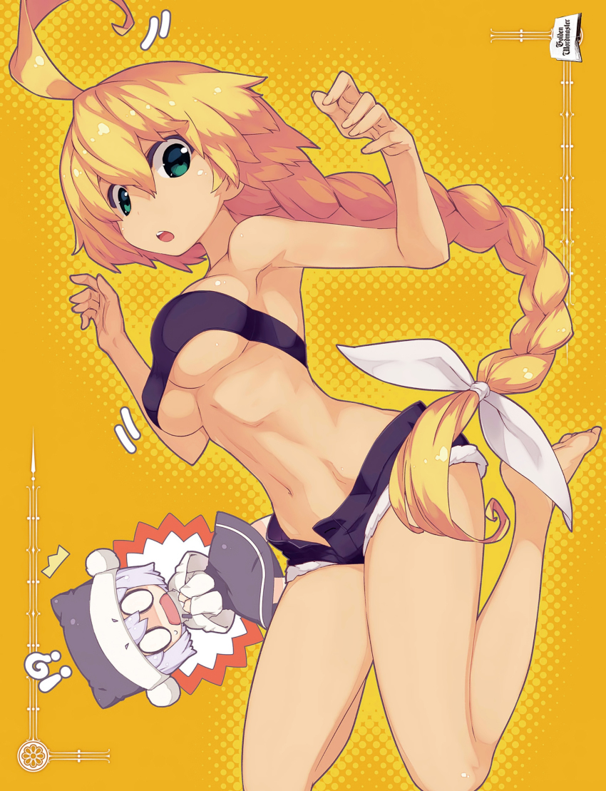 0_0, 2girls, absurdres, ahoge, bandeau, bare_legs, bare_shoulders, barefoot, blonde_hair, braid, breasts, cleavage, cutoffs, green_eyes, highres, konjiki_no_moji_tsukai, large_breasts, long_hair, midriff, muir_castreia, multiple_girls, navel, open_fly, open_mouth, scan, short_shorts, shorts, single_braid, strapless, sumaki_shungo, ^^^, tube_top, underboob, unzipped, very_long_hair, winkah_jio