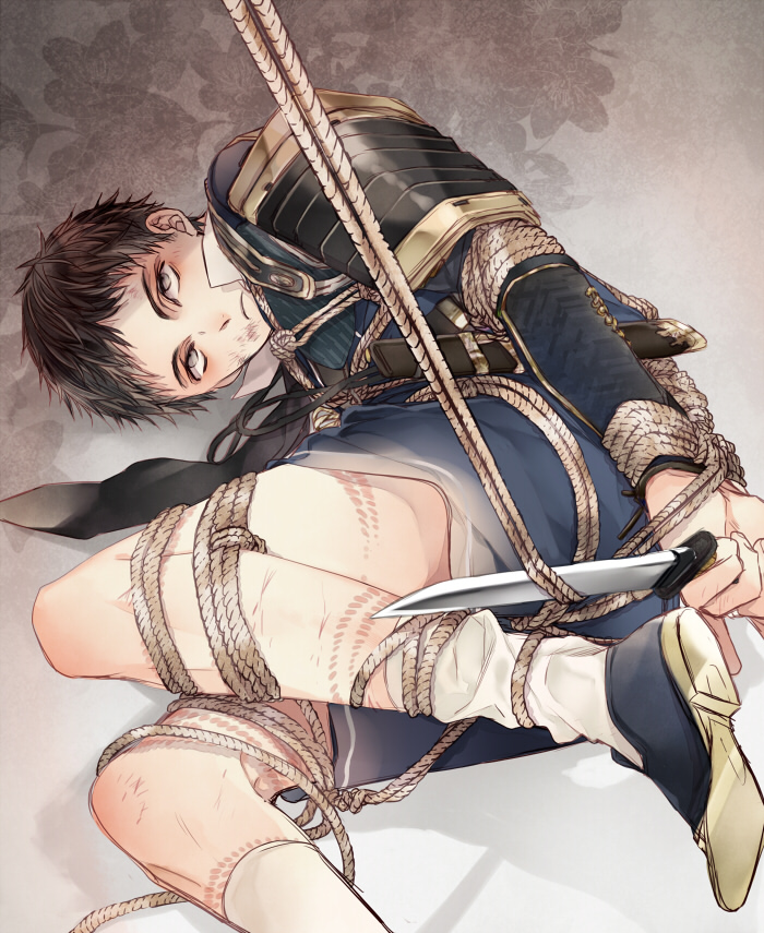 10s, 1boy, armor, atsushi_toushirou, bad_id, bad_pixiv_id, brown_eyes, brown_hair, japanese_armor, kouki._(hnkouki), looking_at_viewer, lying, male_focus, military, military_uniform, on_side, rope, sheath, shibari, shibari_over_clothes, short_sword, shorts, shoulder_armor, socks, sode, solo, sword, tantou, touken_ranbu, weapon