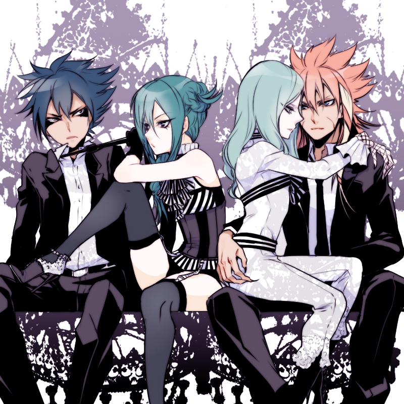 4boys, androgynous, aqua_hair, ass, ass_grab, bad_id, bad_pixiv_id, black_legwear, blue_hair, braid, clothes_grab, collared_shirt, couple, crossdressing, crossdressing_(mtf), crossover, eska_bamel, fingernails, garter_straps, garushaa_wolfein, gloves, green_hair, high_heels, inazuma_eleven, inazuma_eleven_(series), inazuma_eleven_go, inazuma_eleven_go_chrono_stone, long_fingernails, long_hair, male_focus, mistorene_callus, multiple_boys, necktie, necktie_grab, neckwear_grab, pink_hair, shirt, short_hair, sitting, thighhighs, trap, vanfeny_vamp, yaoi, zuwai_kani