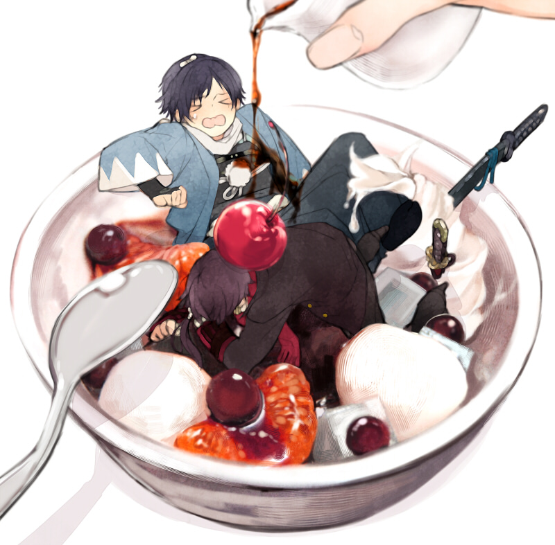 >_<, 10s, 2boys, anmitsu_(dessert), bad_id, bad_pixiv_id, berry, blue_hair