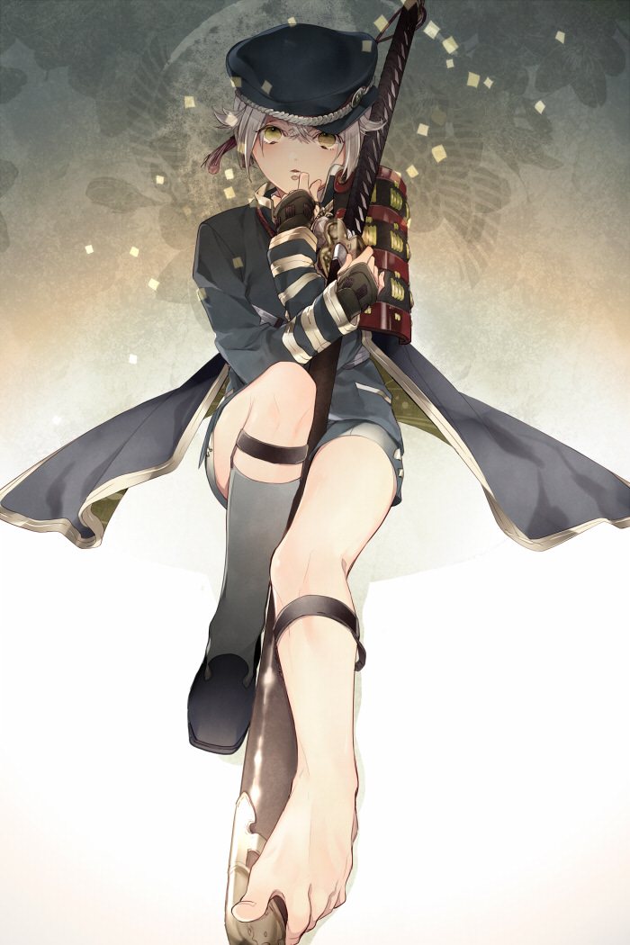 10s, 1boy, armor, bad_id, bad_pixiv_id, cape, feet, green_eyes, hat, hotarumaru, japanese_armor, kouki._(hnkouki), legwear_garter, looking_at_viewer, male_focus, military, military_uniform, ootachi, sheath, shoes, shorts, shoulder_armor, silver_hair, single_shoe, single_sock, sitting, socks, sode, solo, strap, touken_ranbu