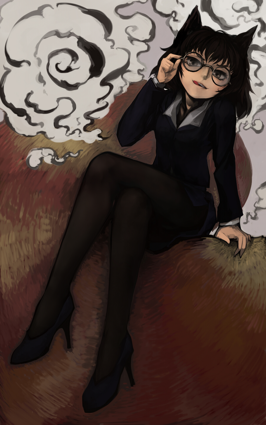 1girl, adjusting_eyewear, animal_ears, black_pantyhose, brown_hair, crossed_legs, futatsuiwa_mamizou, glasses