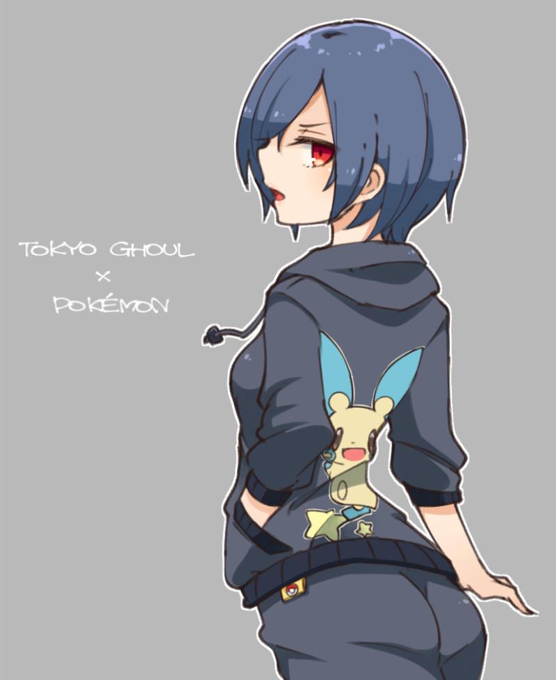 10s, 1girl, ass, bad_id, bad_twitter_id, blue_hair, copyright_name, cosplay, delinquent_(pokemon), delinquent_(pokemon)_(cosplay), female_focus, from_behind, gen_3_pokemon, grey_background, hair_over_one_eye, hand_in_pocket, hood, hoodie, kirishima_touka, looking_back, minun, mootor, nintendo, open_mouth, outline, poke_ball, pokemon, pokemon_omega_ruby_and_alpha_sapphire, red_eyes, short_hair, simple_background, solo, star_(symbol), tokyo_ghoul