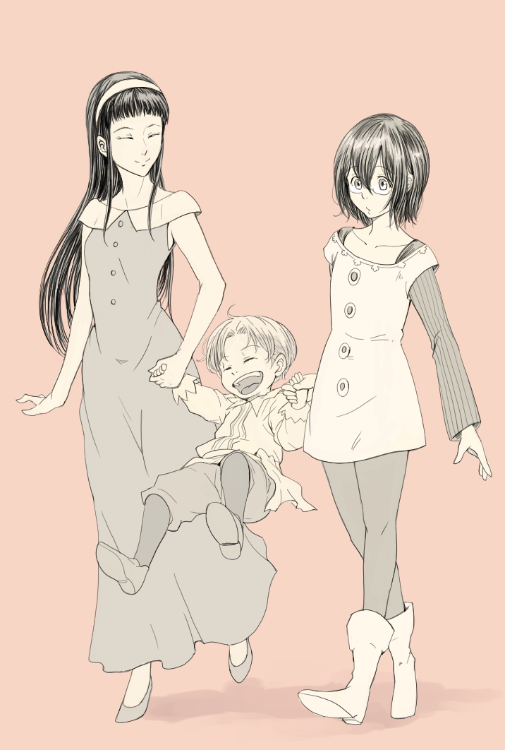 10s, 1girl, 2boys, child, closed_eyes, glasses, gowther, guila, hairband, holding_hands, long_hair, multiple_boys, nanatsu_no_taizai, pantyhose, short_hair, smile, takasakiyama_monmon, zeal