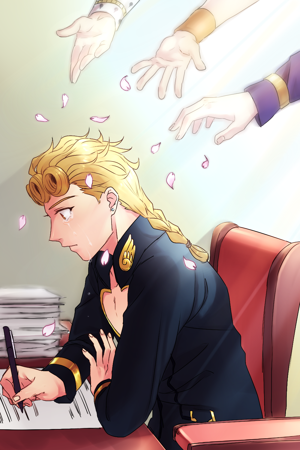 1boy, blonde_hair, braid, bruno_bucciarati, crying, giorno_giovanna, highres, jojo_no_kimyou_na_bouken