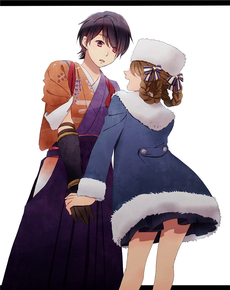 1boy, 1girl, anastasia_(shadow_hearts), black_hair, braid, brown_hair, hat, inugami_kurando