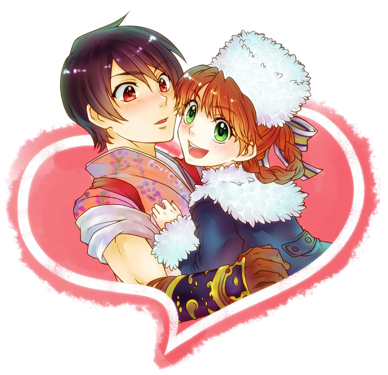 1boy, 1girl, anastasia_(shadow_hearts), black_hair, braid, brown_hair, gachimatsu, green_eyes, hat, inugami_kurando, japanese_clothes, red_eyes, shadow_hearts, shadow_hearts_ii, short_hair, twin_braids