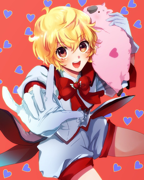 10s, 1boy, \m/, binan_koukou_chikyuu_bouei-bu_love!, blonde_hair, blush, gloves, hakone_yumoto