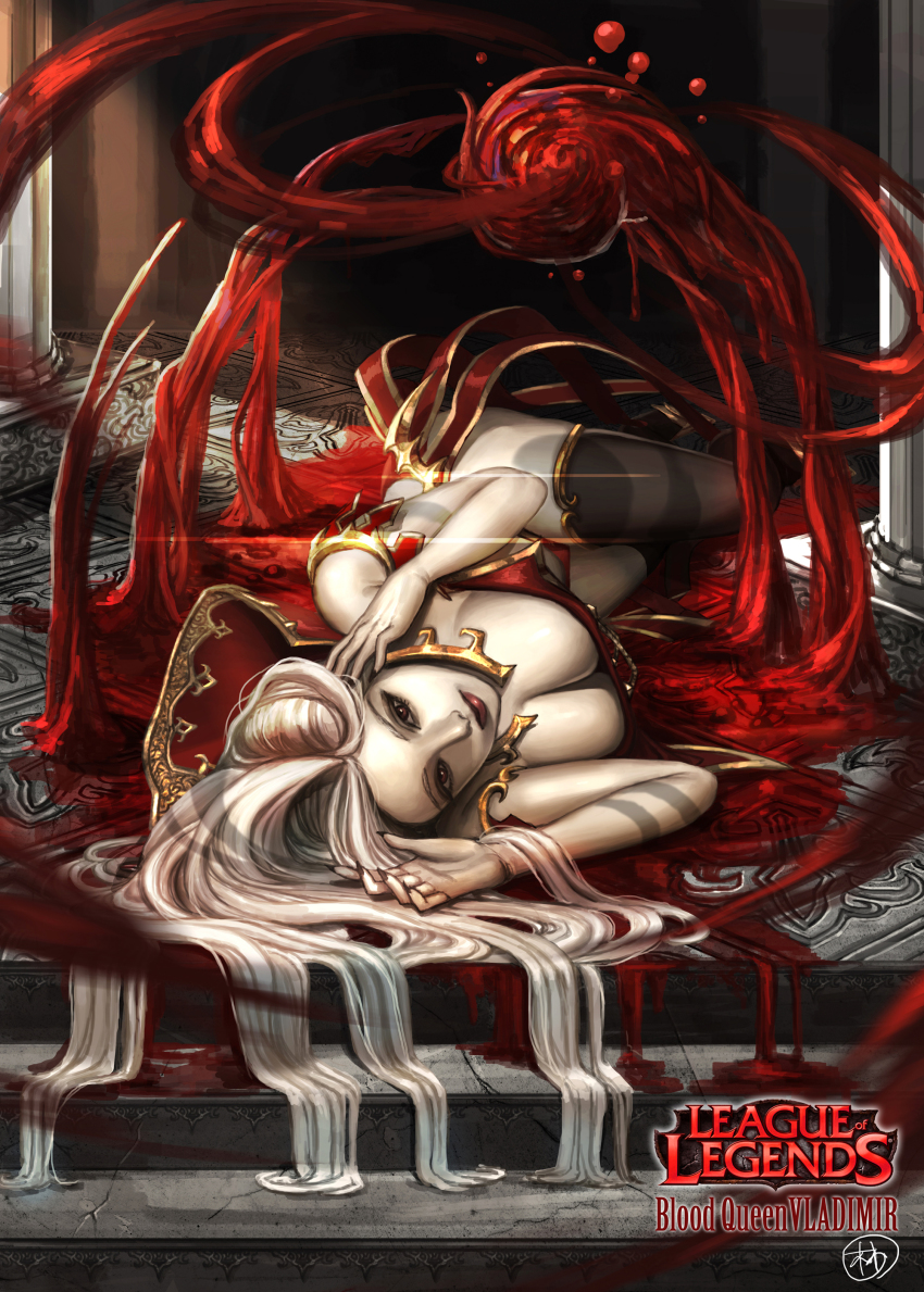 1girl, absurdres, bad_id, bad_pixiv_id, blood, breasts, character_name, cleavage, colored_skin, copyright_name, female_focus, genderswap, genderswap_(mtf), hemokinesis, highres, large_breasts, league_of_legends, long_hair, lying, on_side, red_eyes, solo, supullim, vladimir_(league_of_legends), white_hair, white_skin