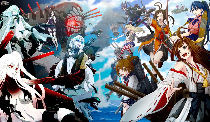 10s, 6+girls, abyssal_ship, aircraft, aircraft_carrier_princess, airplane, battleship_princess, breasts