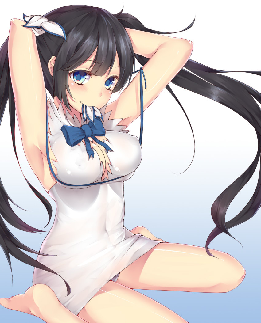 10s, 1girl, armpits, black_hair, blue_eyes, breasts, cleavage, cleavage_cutout