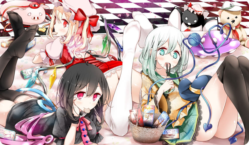 3girls, arm_support, ascot, ass, asymmetrical_wings, basket, bat_wings, black_dress