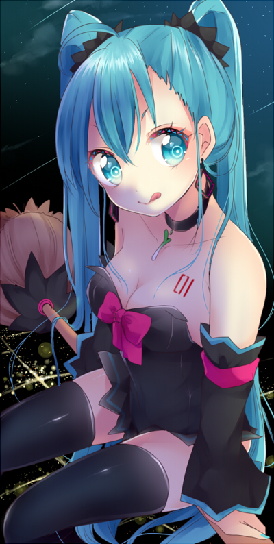 1girl, :q, aqua_eyes, aqua_hair, breasts, broom, broom_riding, choker