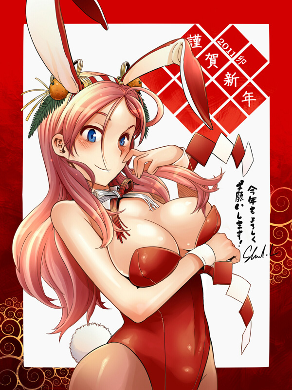 10s, 1girl, animal_ears, blue_eyes, breasts, rabbit_ears, rabbit_tail, cleavage, detached_collar, fake_animal_ears, hair_ornament, large_breasts, long_hair, musashino_takumi, original, pantyhose, pink_hair, playboy_bunny, shindol, smile, tail, tsf_monogatari
