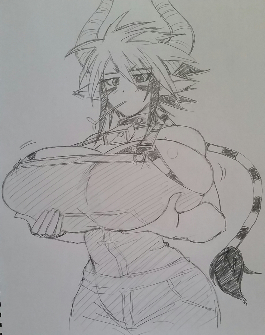 10s, 1girl, animal_ears, animal_print, bell, bikini, bikini_top_only, breast_lift, breasts, cathyl, collar, cow_ears, cow_girl, cow_horns, cow_print, cowbell, cowboy_shot, female_focus, gigantic_breasts, graph_(graphiteknight), highres, horns, kyatoru, long_hair, minotaur, monochrome, monster_girl, monster_musume_no_iru_nichijou, mouth_hold, neck_bell, overalls, ponytail, sketch, solo, strap_gap, straw_(stalk), swimsuit, traditional_media, very_long_hair