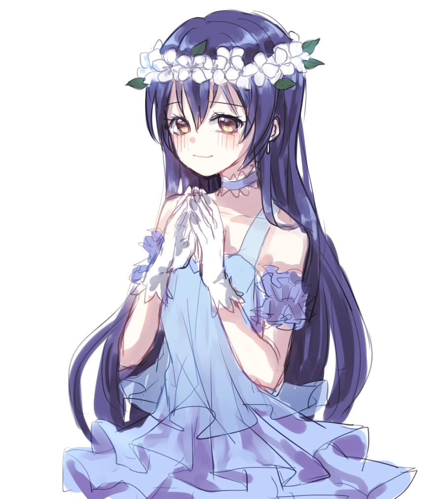 10s, 1girl, bad_id, bad_pixiv_id, blue_dress, blue_hair, blush, choker, dress, female_focus, gloves, head_wreath, isamu_(gaioo0303), long_hair, looking_at_viewer, love_live!, love_live!_school_idol_project, simple_background, sketch, smile, solo, sonoda_umi, white_background, white_gloves, yellow_eyes, yume_no_tobira