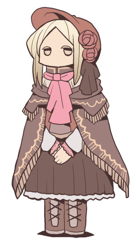 1girl, bad_id, bad_twitter_id, blonde_hair, bloodborne, bonnet, boots, cloak