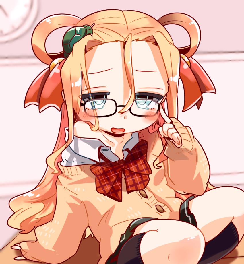 1girl, bespectacled, black-framed_eyewear, black_skirt, blonde_hair, blue_eyes, bunsuke, female_focus