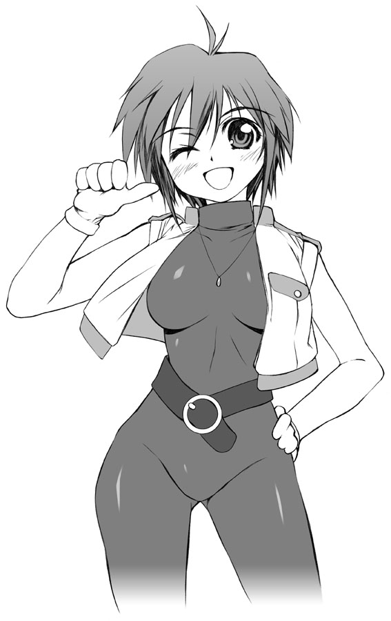 1990s_(style), allenby_beardsley, bodysuit, cropped_jacket, g_gundam, greyscale, gundam, latex