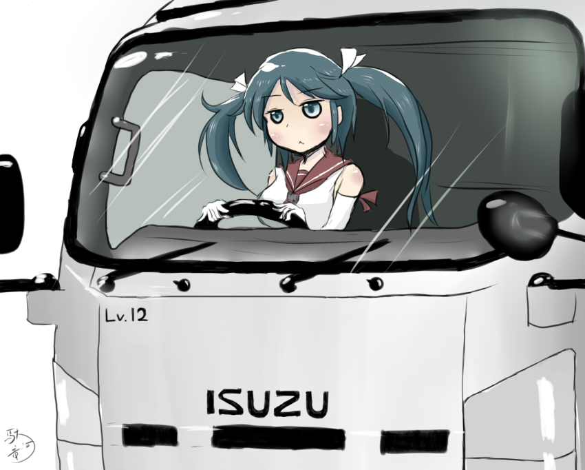 10s, 1girl, dakappa, driving, female_focus, gami, highres, isuzu_(kancolle), isuzu_motors, kantai_collection, motor_vehicle, name_connection, object_namesake, signature, solo, truck