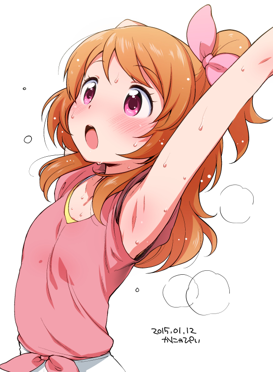 10s, 1girl, aikatsu!, aikatsu!_(series), armpits, blush, bow, brown_hair, dated, eyebrows, female_focus, hair_ribbon, kanya_pyi, open_mouth, ozora_akari, pink_bow, pink_eyes, ribbon, shirt, solo, stretching, sweat, t-shirt, training