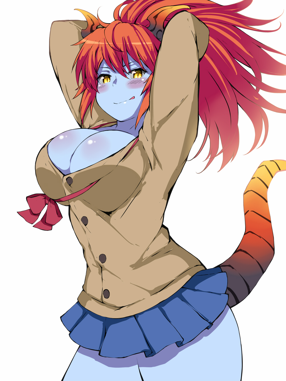 10s, 1girl, :q, blue_skin, blue_skirt, blush, breasts, cleavage