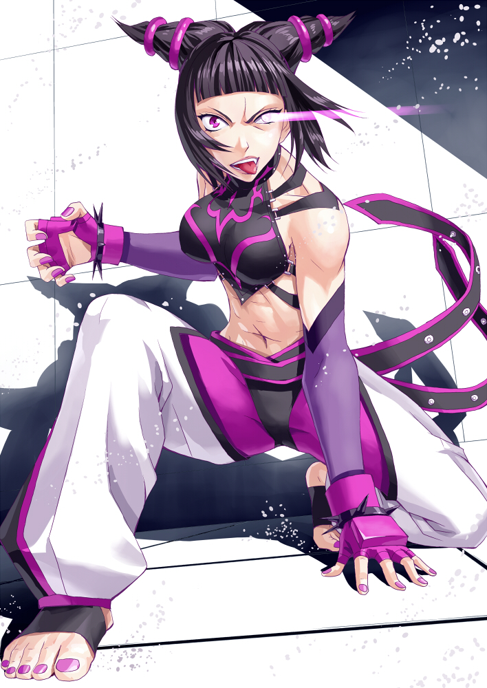 1girl, abs, akito, black_hair, capcom, feet, female_focus, glowing