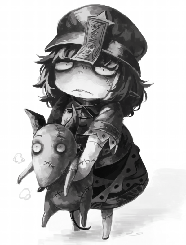 1girl, dog, frankenweenie, hat, koto_inari, miyako_yoshika, monochrome, ofuda, sparky_(frankenweenie), stitches, touhou