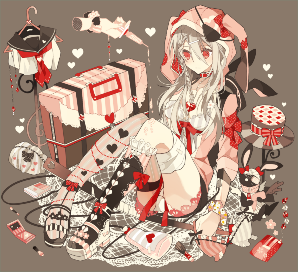 1girl, :|, akina422, animal_hood, asymmetrical_footwear, asymmetrical_legwear, bandaged_leg, bandages