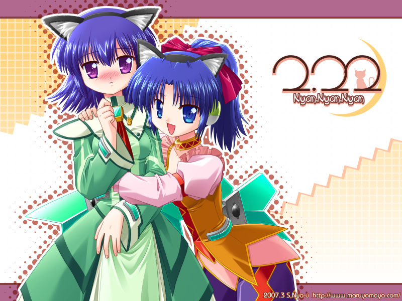 00s, 2007, 2girls, :d, android, animal_ears, blue_eyes, blue_hair