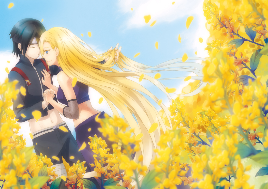 1boy, 1girl, black_hair, blonde_hair, blue_sky, couple, flower, holding_hands, harusakura920, hetero, long_hair, midriff, naruto:_the_last, naruto_(series), sai, sky, smile, tree, very_long_hair, yamanaka_ino