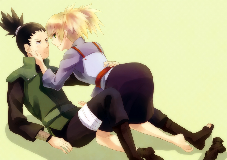 1boy, 1girl, arm_around_another's_waist, black_hair, blonde_hair, couple, harusakura920, nara_shikamaru