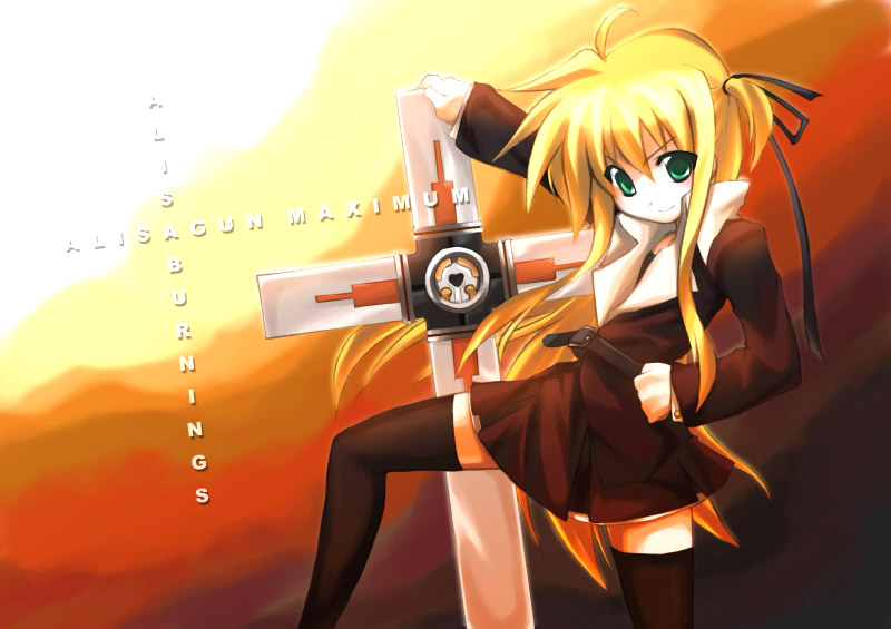 1girl, akanagi_youto, arisa_bunnings, blonde_hair, cosplay, female_focus, green_eyes, lyrical_nanoha