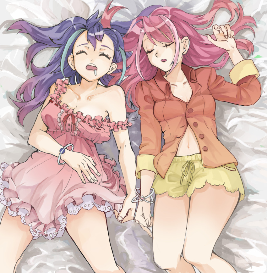 2girls, atlantic_salmon, bed, blue_hair, bracelet, bracelet_girls, collarbone, frills, hair_down, highres, hiiragi_yuzu, jewelry, long_hair, lying, midriff, multicolored_hair, multiple_girls, navel, nightgown, off_shoulder, pink_hair, saliva, serena_(yu-gi-oh!), siblings, sisters, sleeping, sleepwear, strap_slip, twins, two-tone_hair, yu-gi-oh!, yu-gi-oh!_arc-v