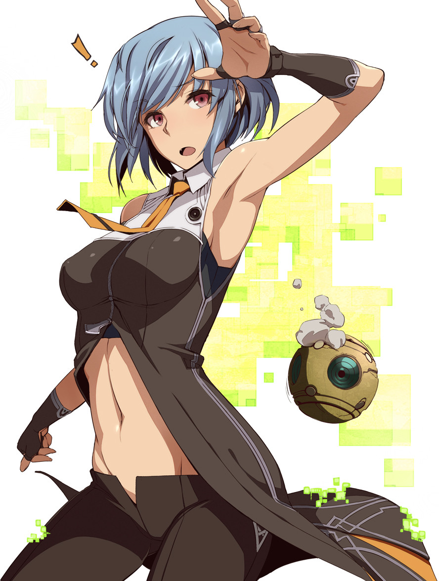 !, 1girl, arm_up, armpits, black_pants, blue_hair, breasts, fang
