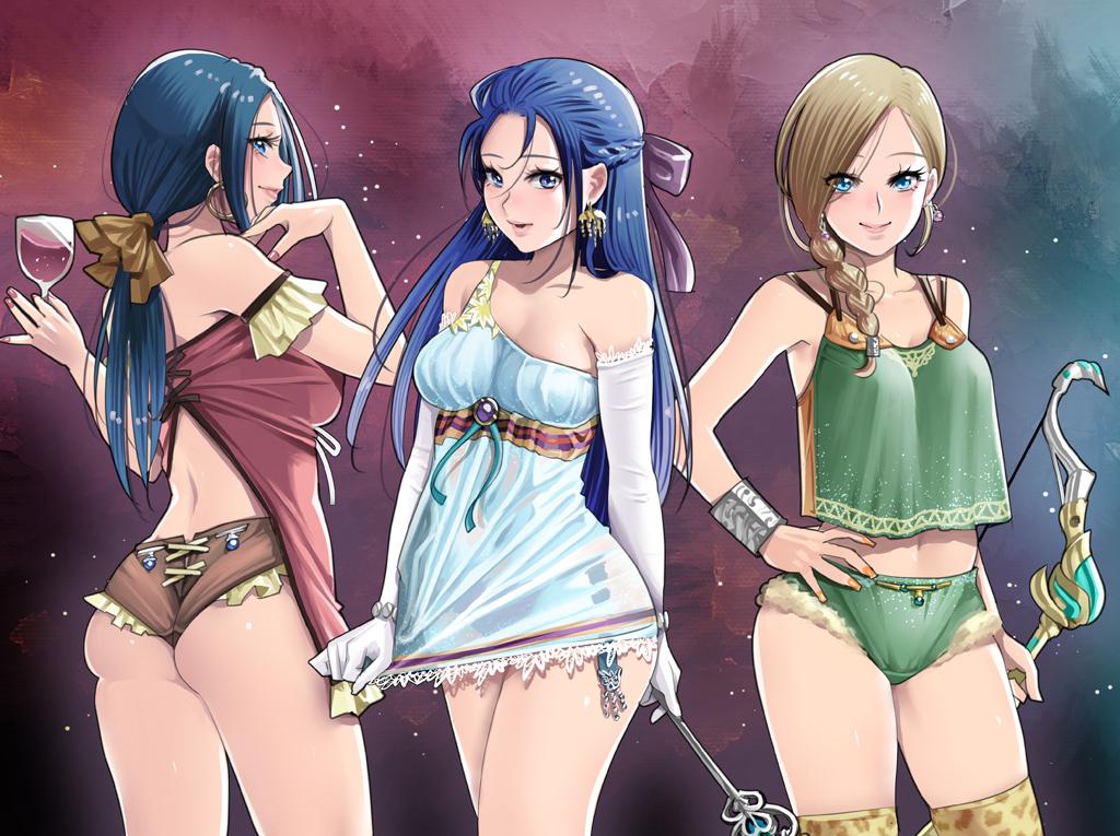 3girls, adapted_costume, alcohol, ass, bianca_(dq5), blue_eyes, blue_hair, bow_(weapon), braid, braided_updo, breasts, cleavage, clothes_pull, cup, dragon_quest, dragon_quest_heroes, dragon_quest_ix, dragon_quest_v, dress, dress_pull, dress_tug, drinking_glass, earrings, elbow_gloves, flora_(dq5), gloves, hair_ribbon, half_updo, hayakawa_pao, jewelry, long_hair, looking_at_viewer, multiple_girls, nail_polish, navel, ponytail, ribbon, ruida, thighhighs, wand, weapon, white_dress, white_gloves, wine, wine_glass