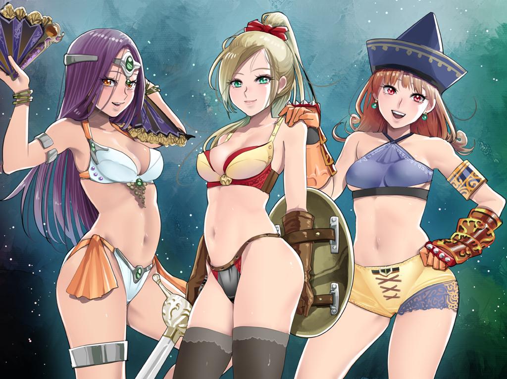 3girls, :d, adapted_costume, alena_(dq4), armor, bikini_armor, blonde_hair, bow, bracelet, breasts, brown_hair, circlet, cleavage, contrapposto, dragon_quest, dragon_quest_heroes, dragon_quest_iv, earrings, hand_fan, gauntlets, gloves, green_eyes, hair_bow, hat, hayakawa_pao, jewelry, long_hair, looking_at_viewer, manya_(dq4), medium_breasts, meer_(dqh), midriff, multiple_girls, navel, open_mouth, orange_eyes, pink_eyes, ponytail, purple_hair, shield, smile, standing, sword, teeth, thighhighs, weapon